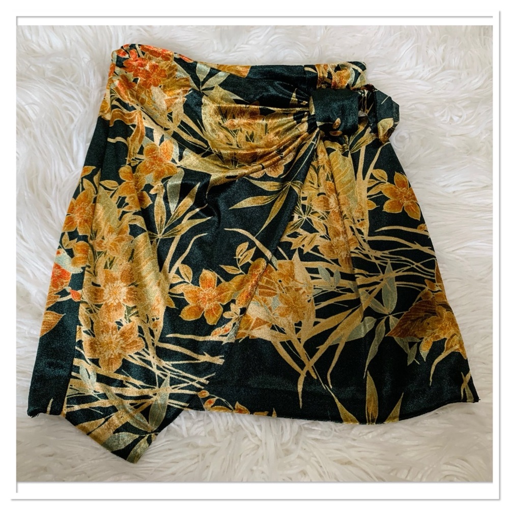 Zara Velour Wrap Front Mini Skirt Green Gold Size XS